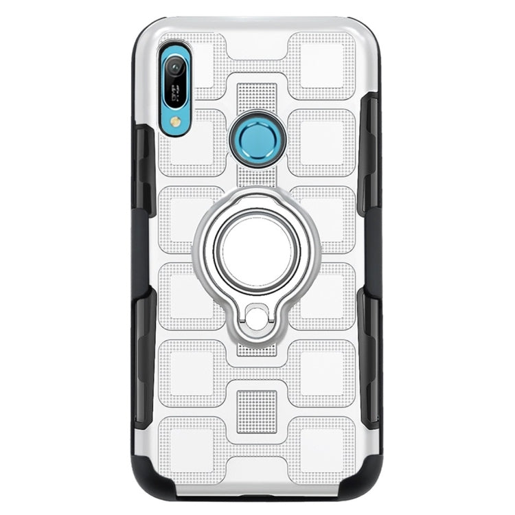 For Huawei Y6 (2019) 3 In 1 Cube PC + TPU Protective Case with 360 Degrees Rotate Silver Ring Holder