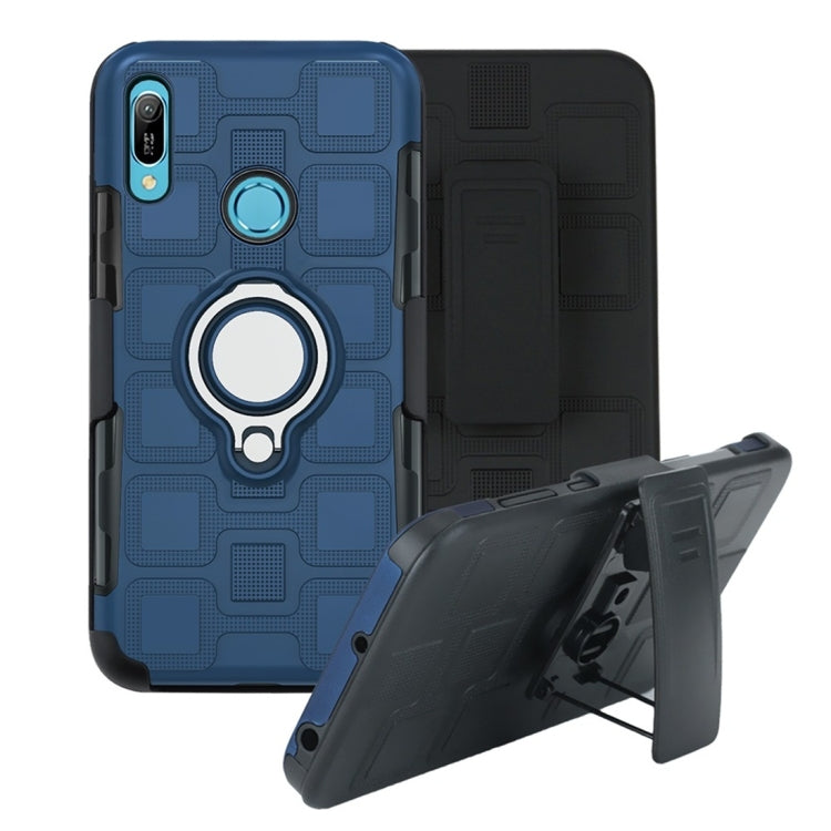 For Huawei Y6 (2019) 3 In 1 Cube PC + TPU Protective Case with 360 Degrees Rotate Silver Ring Holder