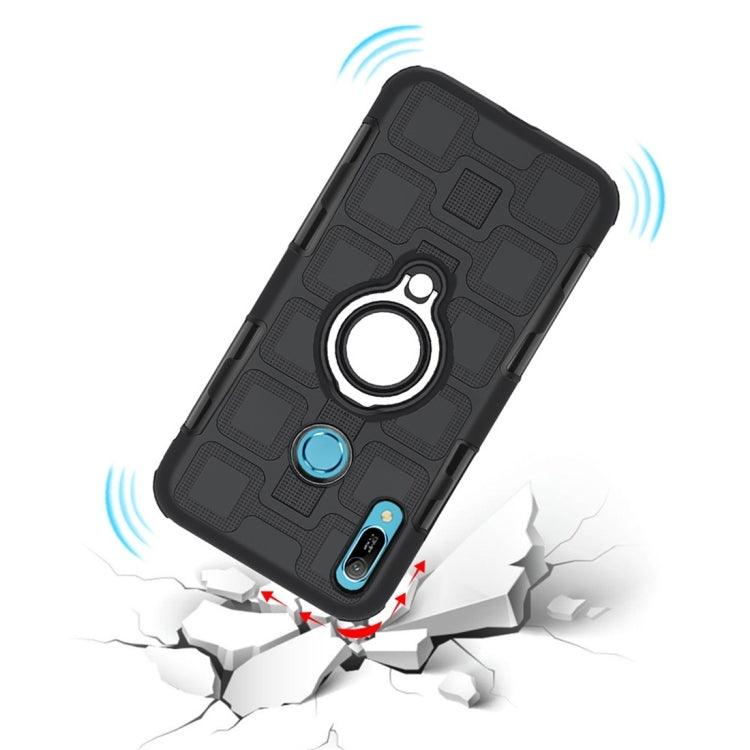 For Huawei Y6 (2019) 3 In 1 Cube PC + TPU Protective Case with 360 Degrees Rotate Silver Ring Holder