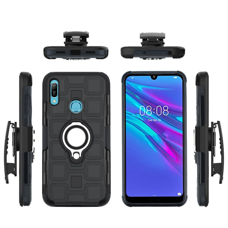 For Huawei Y6 (2019) 3 In 1 Cube PC + TPU Protective Case with 360 Degrees Rotate Silver Ring Holder