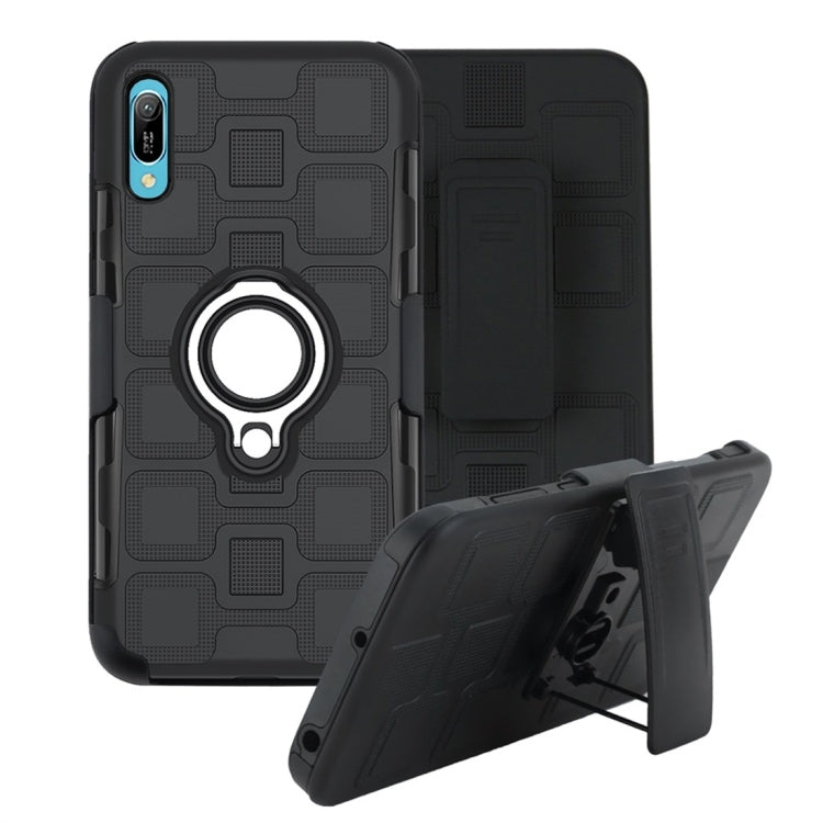For Huawei Y6 Pro (2019) 3 In 1 Cube PC + TPU Protective Case with 360 Degrees Rotate Silver Ring Holder