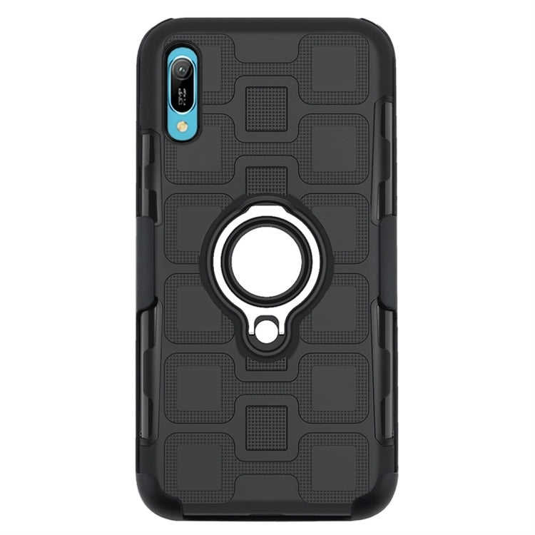For Huawei Y6 Pro (2019) 3 In 1 Cube PC + TPU Protective Case with 360 Degrees Rotate Silver Ring Holder