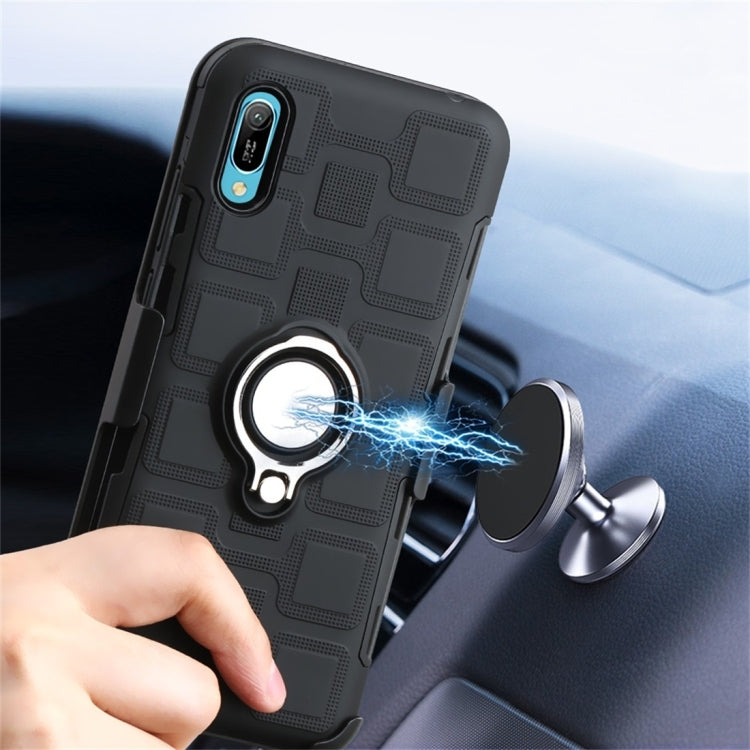 For Huawei Y6 Pro (2019) 3 In 1 Cube PC + TPU Protective Case with 360 Degrees Rotate Silver Ring Holder