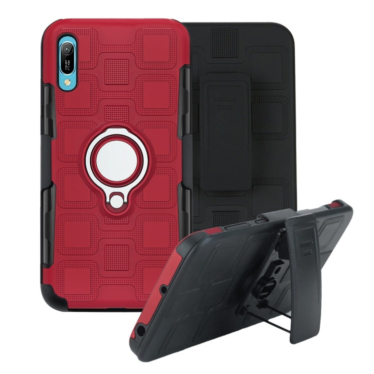 For Huawei Y6 Pro (2019) 3 In 1 Cube PC + TPU Protective Case with 360 Degrees Rotate Silver Ring Holder