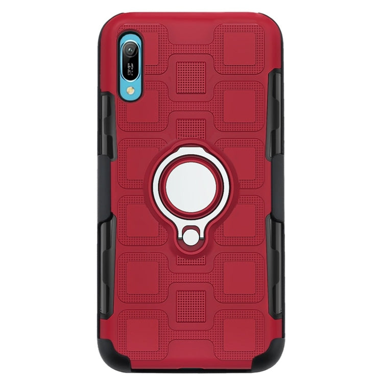 For Huawei Y6 Pro (2019) 3 In 1 Cube PC + TPU Protective Case with 360 Degrees Rotate Silver Ring Holder
