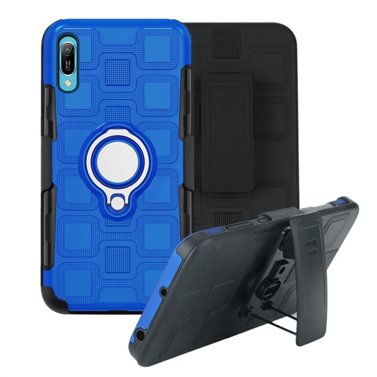For Huawei Y6 Pro (2019) 3 In 1 Cube PC + TPU Protective Case with 360 Degrees Rotate Silver Ring Holder