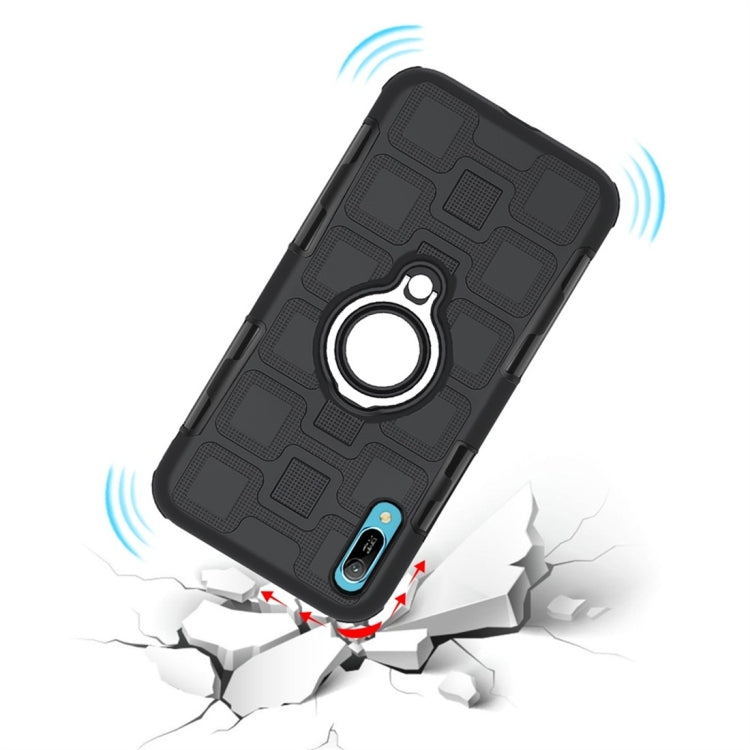 For Huawei Y6 Pro (2019) 3 In 1 Cube PC + TPU Protective Case with 360 Degrees Rotate Silver Ring Holder