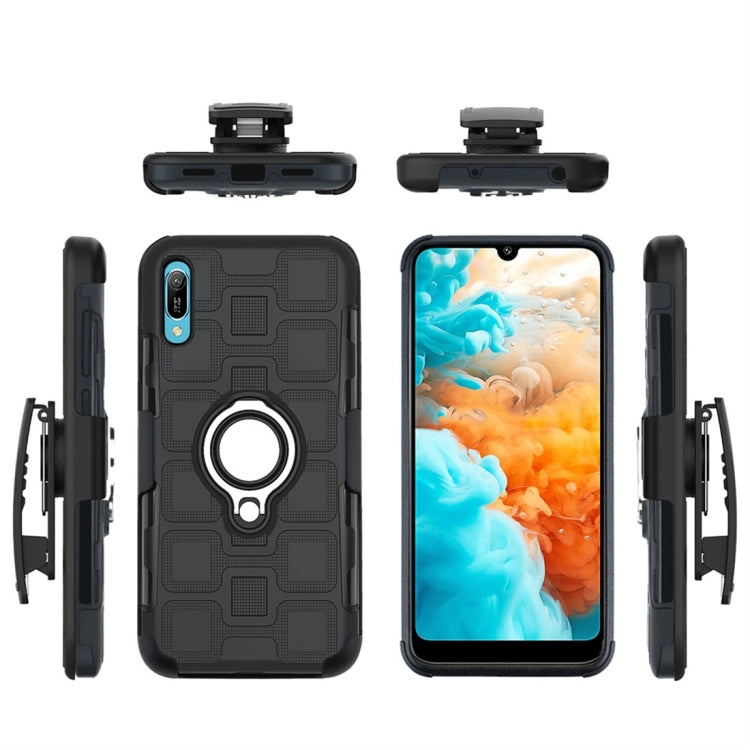 For Huawei Y6 Pro (2019) 3 In 1 Cube PC + TPU Protective Case with 360 Degrees Rotate Silver Ring Holder