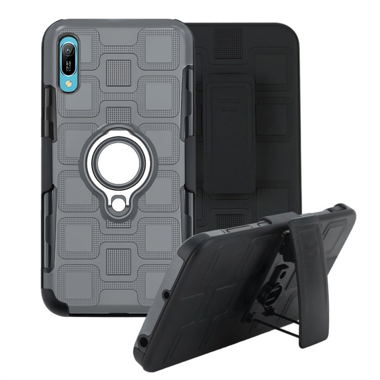 For Huawei Y6 Pro (2019) 3 In 1 Cube PC + TPU Protective Case with 360 Degrees Rotate Silver Ring Holder