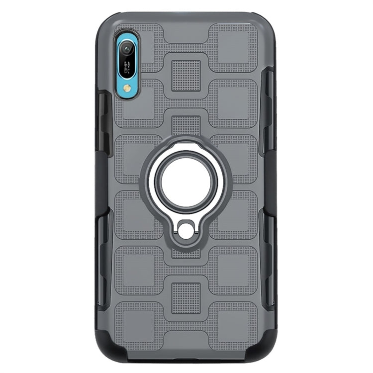 For Huawei Y6 Pro (2019) 3 In 1 Cube PC + TPU Protective Case with 360 Degrees Rotate Silver Ring Holder