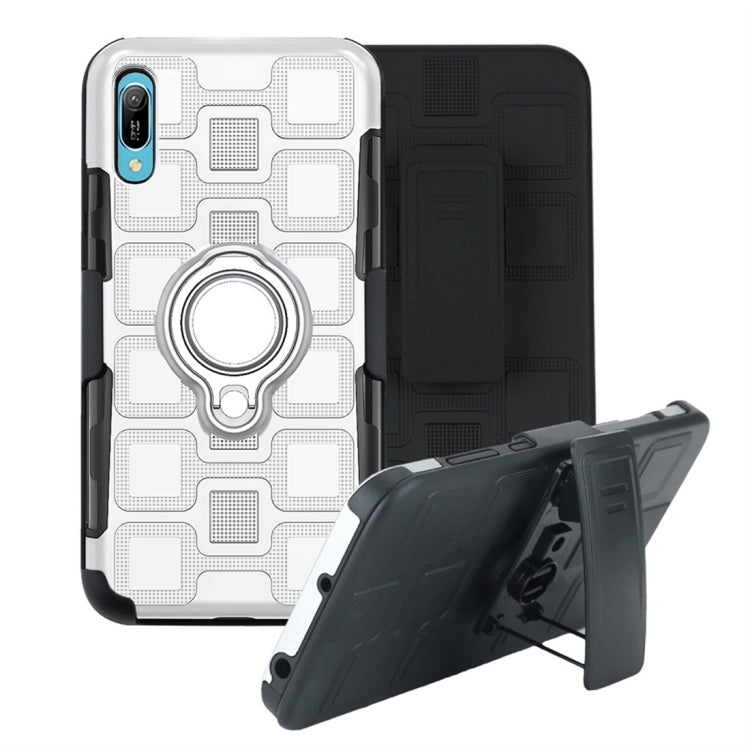 For Huawei Y6 Pro (2019) 3 In 1 Cube PC + TPU Protective Case with 360 Degrees Rotate Silver Ring Holder