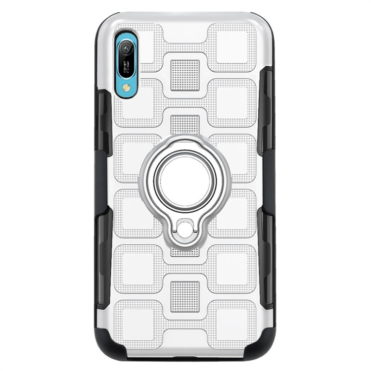 For Huawei Y6 Pro (2019) 3 In 1 Cube PC + TPU Protective Case with 360 Degrees Rotate Silver Ring Holder