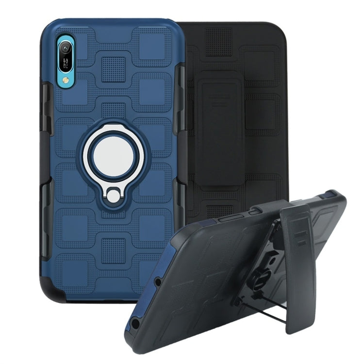 For Huawei Y6 Pro (2019) 3 In 1 Cube PC + TPU Protective Case with 360 Degrees Rotate Silver Ring Holder