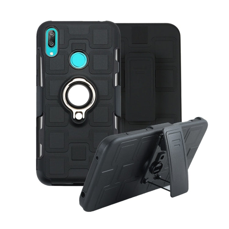 For Huawei Y7 (2019) 3 In 1 Cube PC + TPU Protective Case with 360 Degrees Rotate Silver Ring Holder