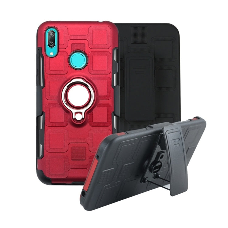 For Huawei Y7 (2019) 3 In 1 Cube PC + TPU Protective Case with 360 Degrees Rotate Silver Ring Holder