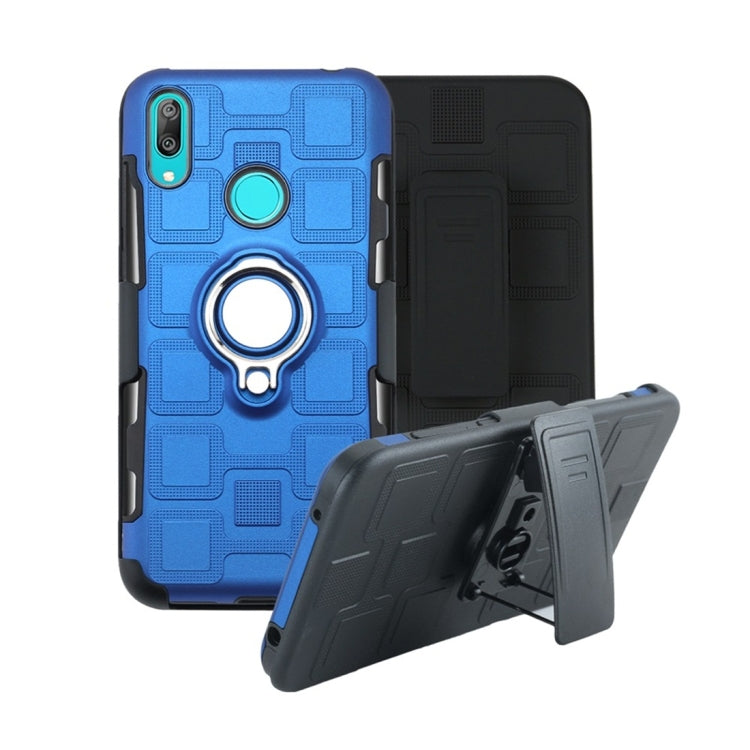 For Huawei Y7 (2019) 3 In 1 Cube PC + TPU Protective Case with 360 Degrees Rotate Silver Ring Holder