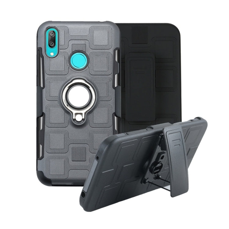 For Huawei Y7 (2019) 3 In 1 Cube PC + TPU Protective Case with 360 Degrees Rotate Silver Ring Holder