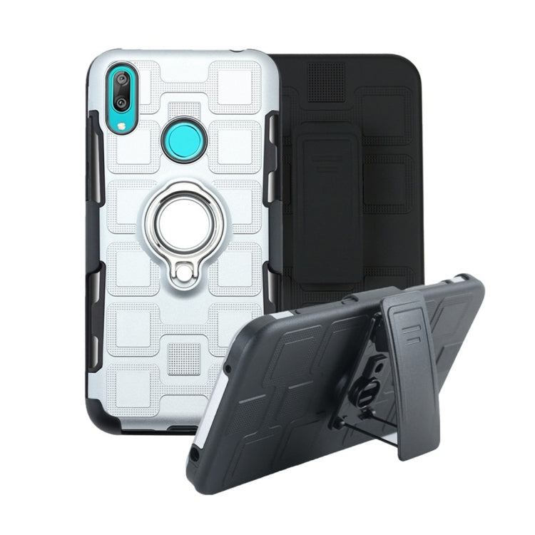 For Huawei Y7 (2019) 3 In 1 Cube PC + TPU Protective Case with 360 Degrees Rotate Silver Ring Holder