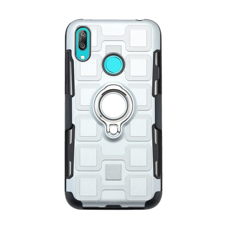 For Huawei Y7 (2019) 3 In 1 Cube PC + TPU Protective Case with 360 Degrees Rotate Silver Ring Holder