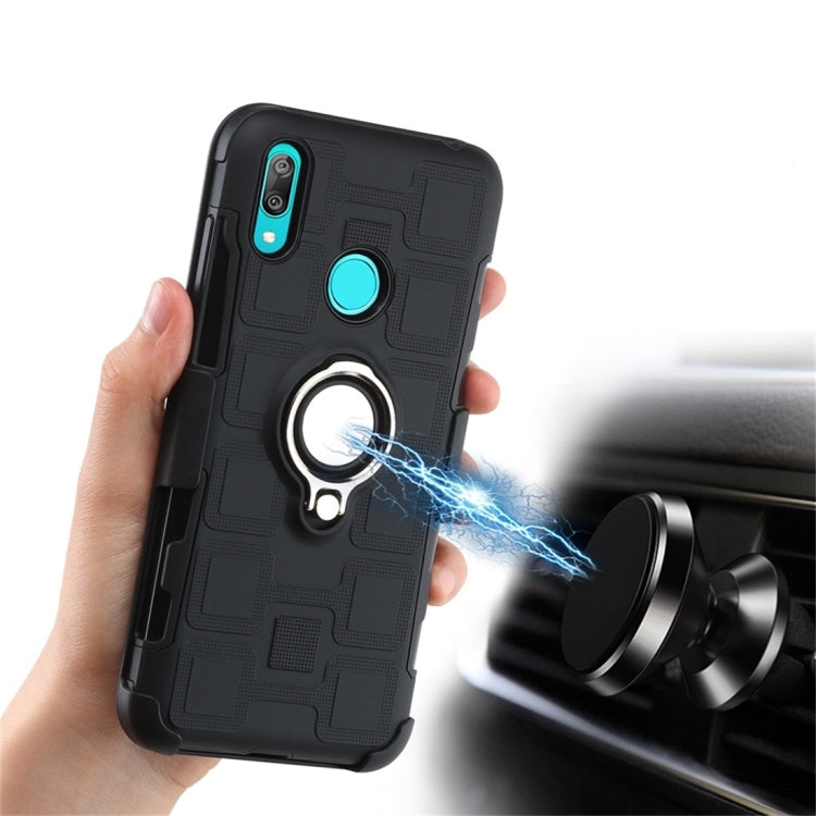 For Huawei Y7 (2019) 3 In 1 Cube PC + TPU Protective Case with 360 Degrees Rotate Silver Ring Holder