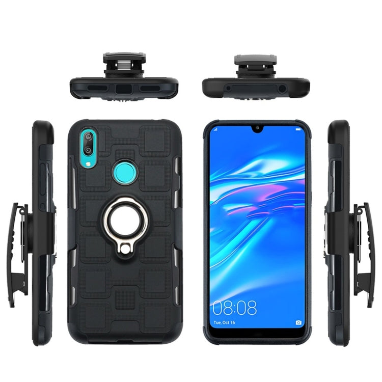 For Huawei Y7 (2019) 3 In 1 Cube PC + TPU Protective Case with 360 Degrees Rotate Silver Ring Holder