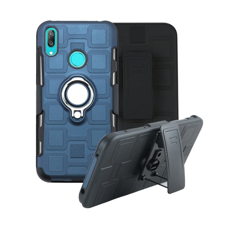 For Huawei Y7 (2019) 3 In 1 Cube PC + TPU Protective Case with 360 Degrees Rotate Silver Ring Holder