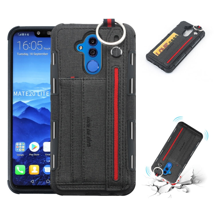 For Huawei Mate 20 Lite Cloth Texture + TPU Shockproof Protective Case with Metal Ring & Holder & Card Slots & Hanging Strap