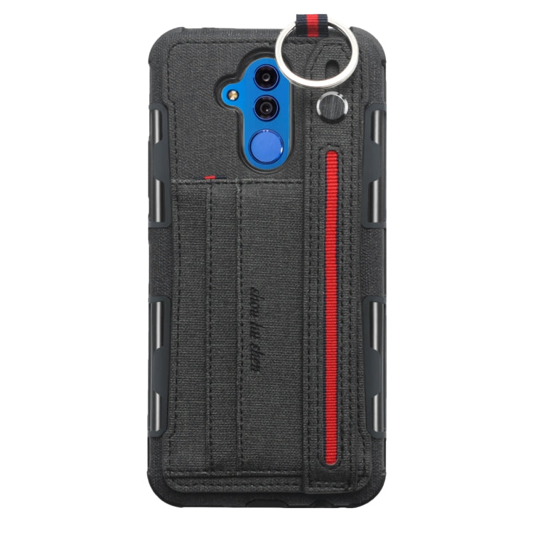 For Huawei Mate 20 Lite Cloth Texture + TPU Shockproof Protective Case with Metal Ring & Holder & Card Slots & Hanging Strap