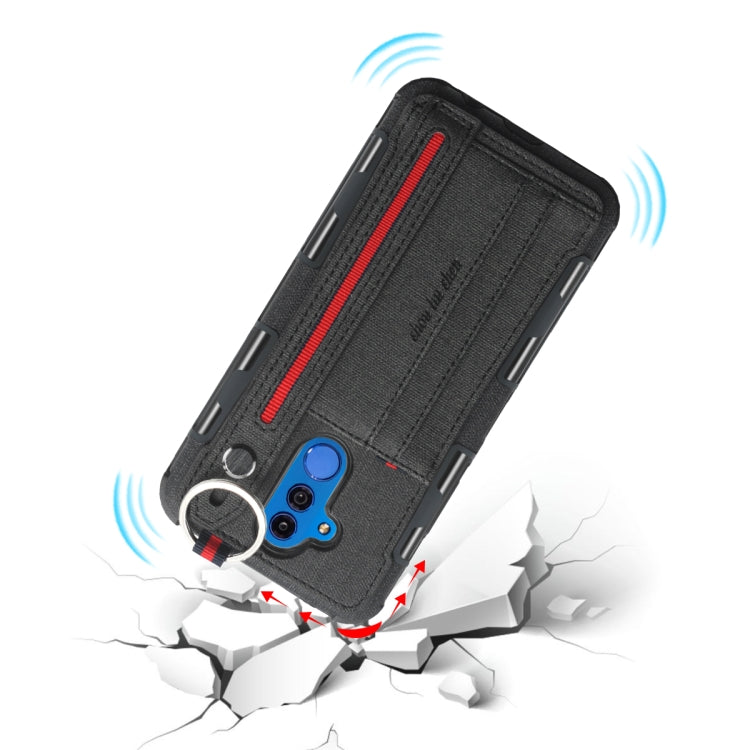 For Huawei Mate 20 Lite Cloth Texture + TPU Shockproof Protective Case with Metal Ring & Holder & Card Slots & Hanging Strap