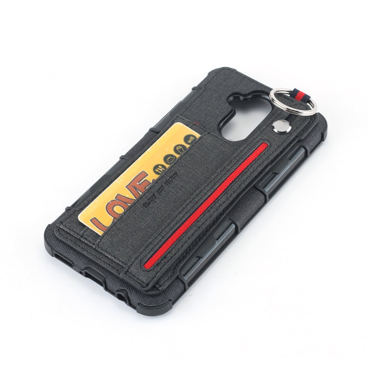 For Huawei Mate 20 Lite Cloth Texture + TPU Shockproof Protective Case with Metal Ring & Holder & Card Slots & Hanging Strap