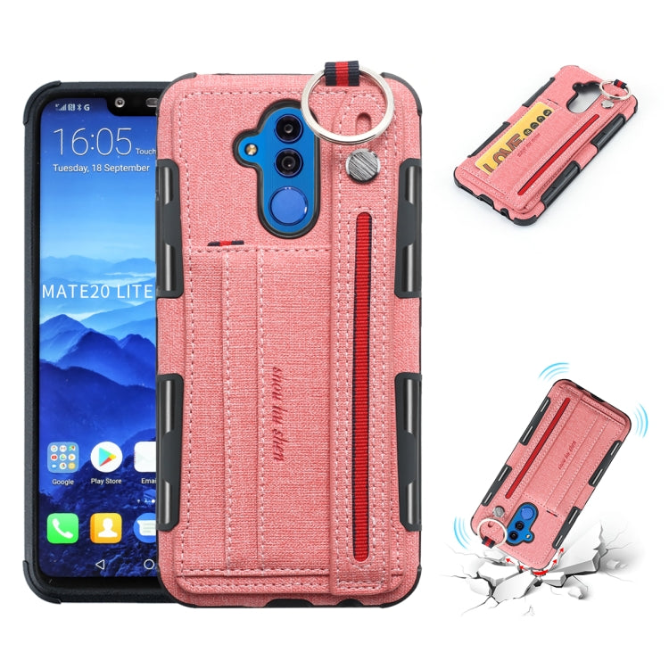 For Huawei Mate 20 Lite Cloth Texture + TPU Shockproof Protective Case with Metal Ring & Holder & Card Slots & Hanging Strap