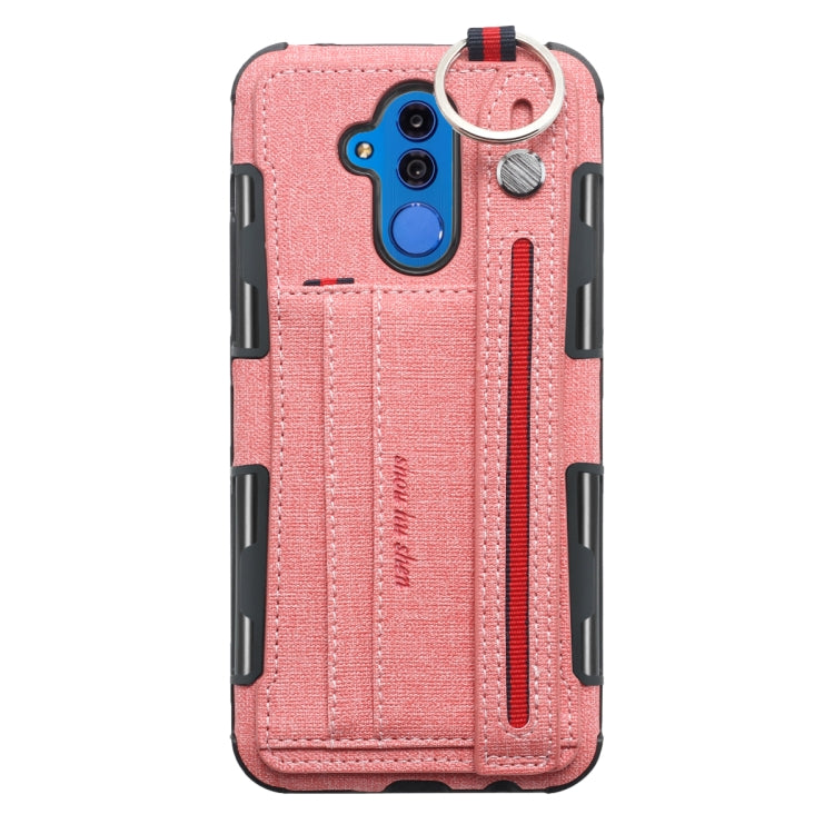For Huawei Mate 20 Lite Cloth Texture + TPU Shockproof Protective Case with Metal Ring & Holder & Card Slots & Hanging Strap