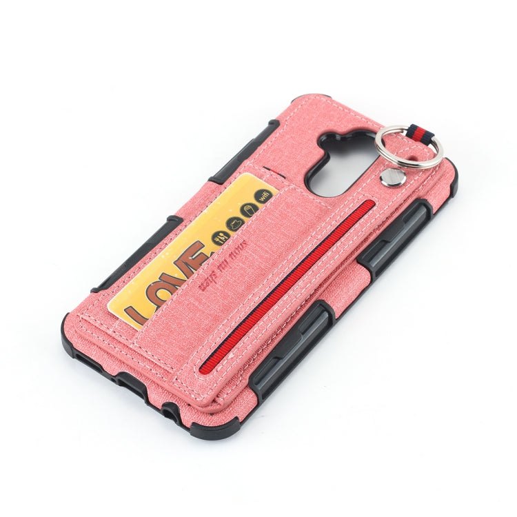 For Huawei Mate 20 Lite Cloth Texture + TPU Shockproof Protective Case with Metal Ring & Holder & Card Slots & Hanging Strap