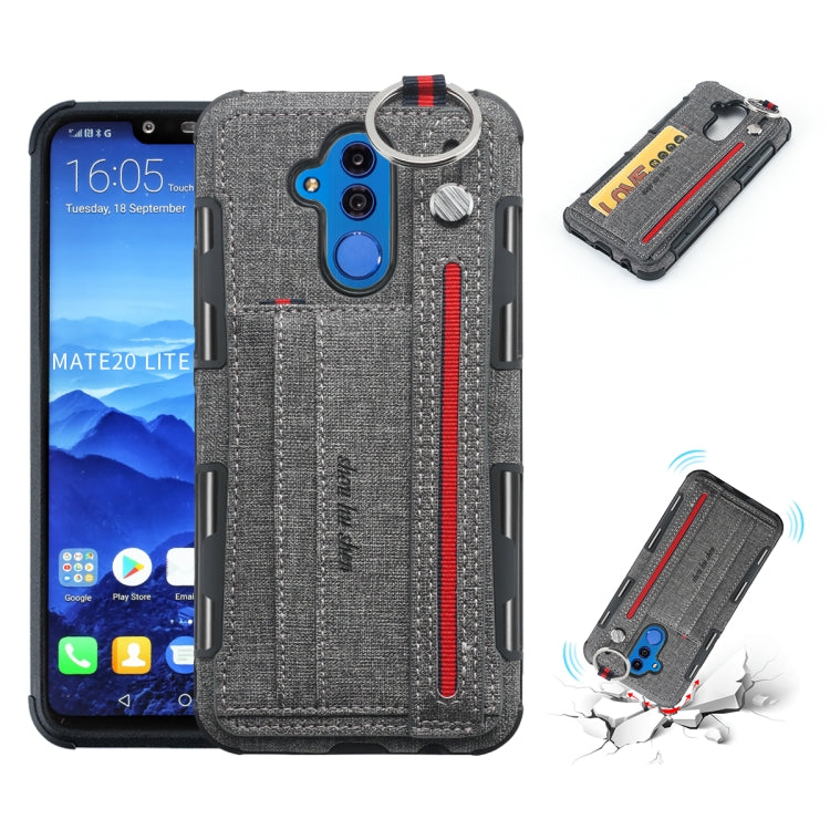 For Huawei Mate 20 Lite Cloth Texture + TPU Shockproof Protective Case with Metal Ring & Holder & Card Slots & Hanging Strap