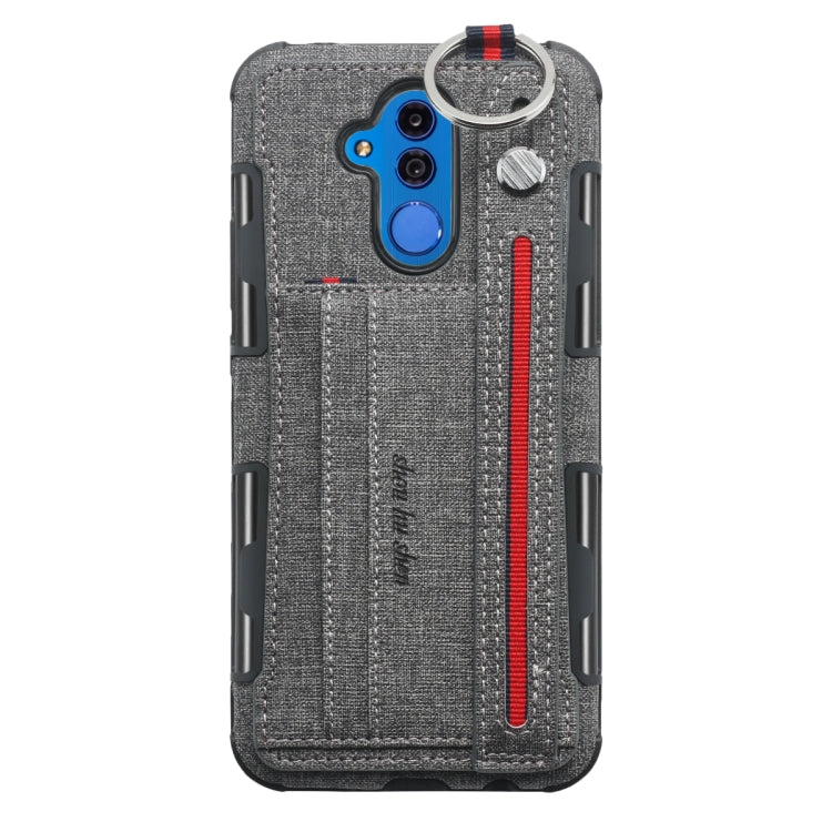 For Huawei Mate 20 Lite Cloth Texture + TPU Shockproof Protective Case with Metal Ring & Holder & Card Slots & Hanging Strap