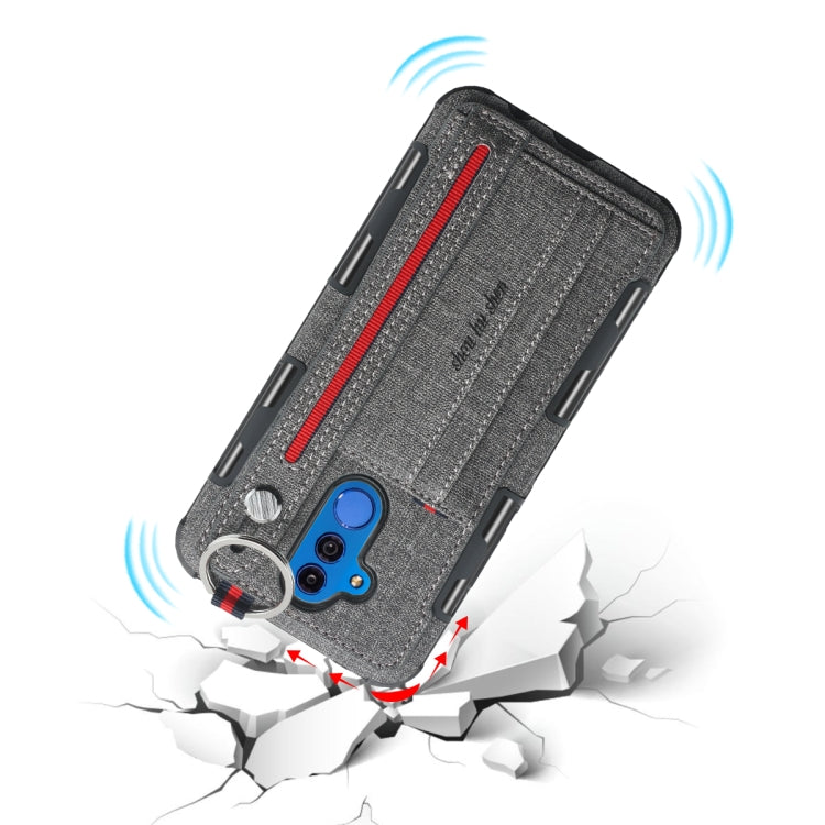 For Huawei Mate 20 Lite Cloth Texture + TPU Shockproof Protective Case with Metal Ring & Holder & Card Slots & Hanging Strap