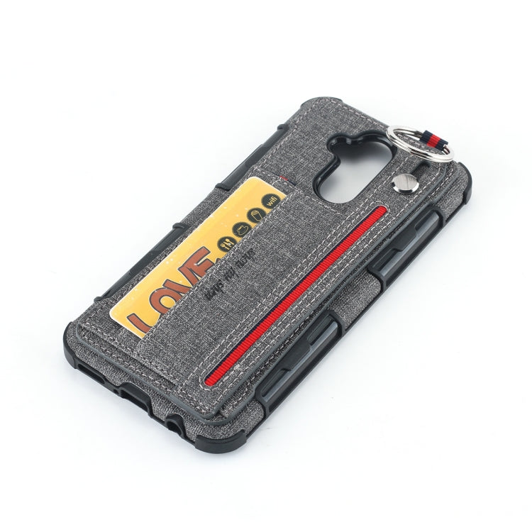 For Huawei Mate 20 Lite Cloth Texture + TPU Shockproof Protective Case with Metal Ring & Holder & Card Slots & Hanging Strap