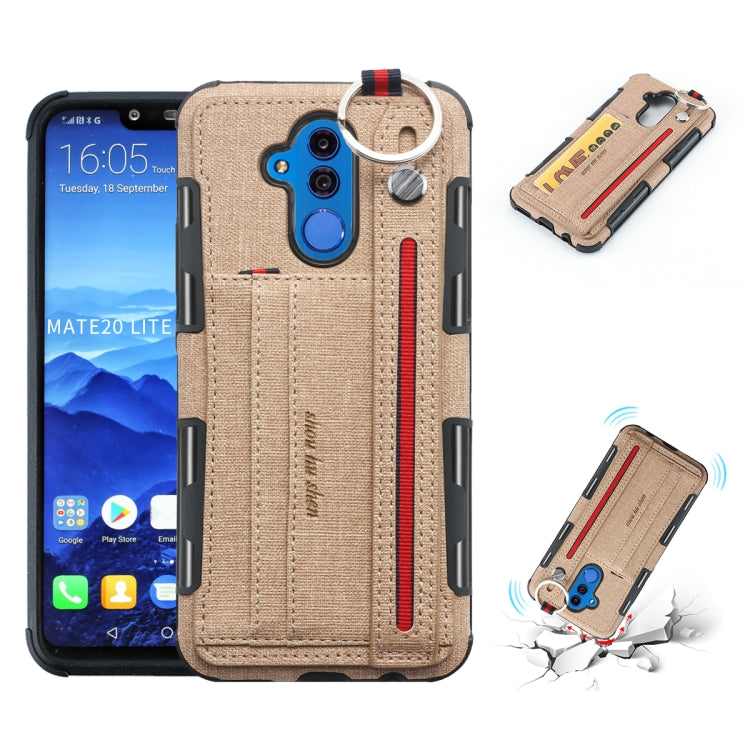 For Huawei Mate 20 Lite Cloth Texture + TPU Shockproof Protective Case with Metal Ring & Holder & Card Slots & Hanging Strap