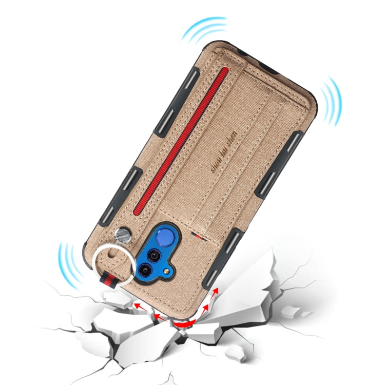 For Huawei Mate 20 Lite Cloth Texture + TPU Shockproof Protective Case with Metal Ring & Holder & Card Slots & Hanging Strap