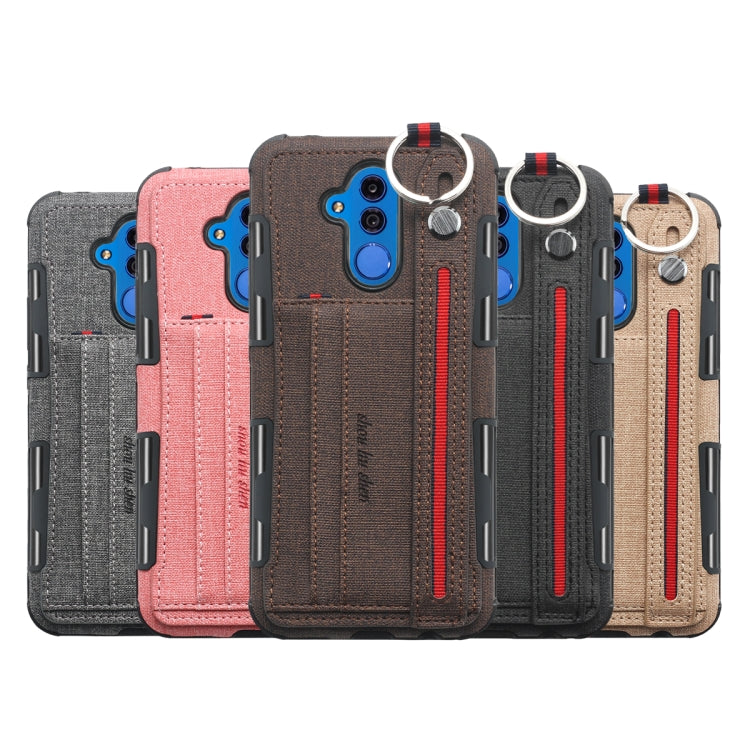 For Huawei Mate 20 Lite Cloth Texture + TPU Shockproof Protective Case with Metal Ring & Holder & Card Slots & Hanging Strap