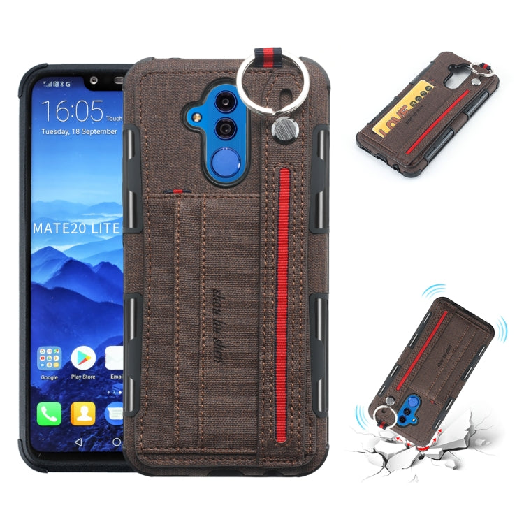 For Huawei Mate 20 Lite Cloth Texture + TPU Shockproof Protective Case with Metal Ring & Holder & Card Slots & Hanging Strap
