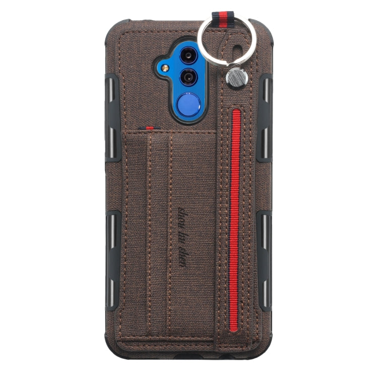 For Huawei Mate 20 Lite Cloth Texture + TPU Shockproof Protective Case with Metal Ring & Holder & Card Slots & Hanging Strap