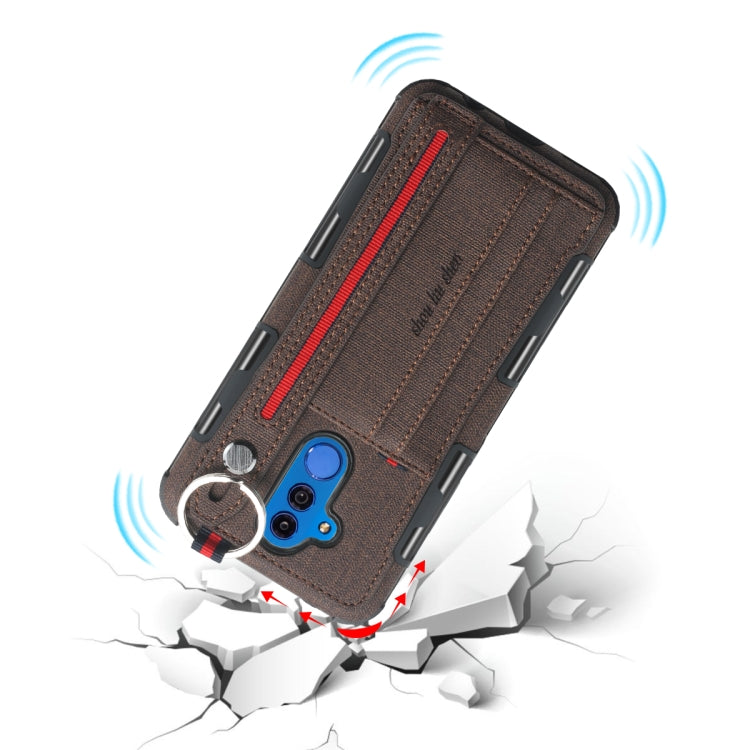 For Huawei Mate 20 Lite Cloth Texture + TPU Shockproof Protective Case with Metal Ring & Holder & Card Slots & Hanging Strap