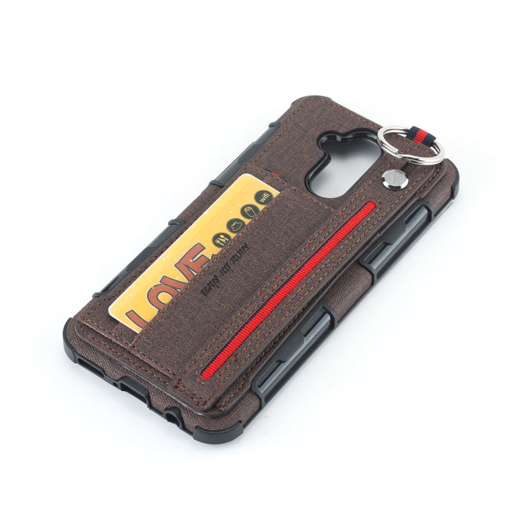 For Huawei Mate 20 Lite Cloth Texture + TPU Shockproof Protective Case with Metal Ring & Holder & Card Slots & Hanging Strap