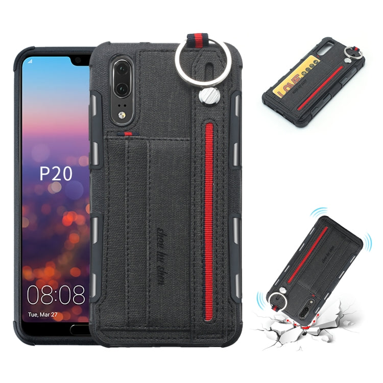 For Huawei P20 Cloth Texture + TPU Shockproof Protective Case with Metal Ring & Holder & Card Slots & Hanging Strap