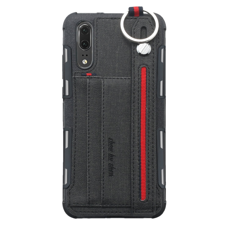 For Huawei P20 Cloth Texture + TPU Shockproof Protective Case with Metal Ring & Holder & Card Slots & Hanging Strap