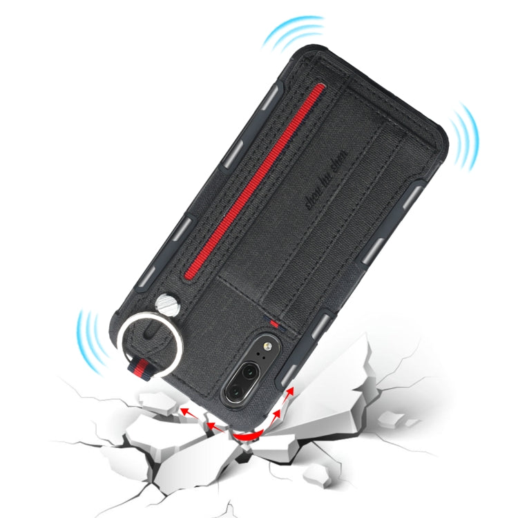 For Huawei P20 Cloth Texture + TPU Shockproof Protective Case with Metal Ring & Holder & Card Slots & Hanging Strap