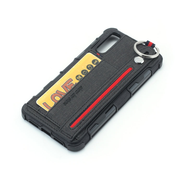 For Huawei P20 Cloth Texture + TPU Shockproof Protective Case with Metal Ring & Holder & Card Slots & Hanging Strap
