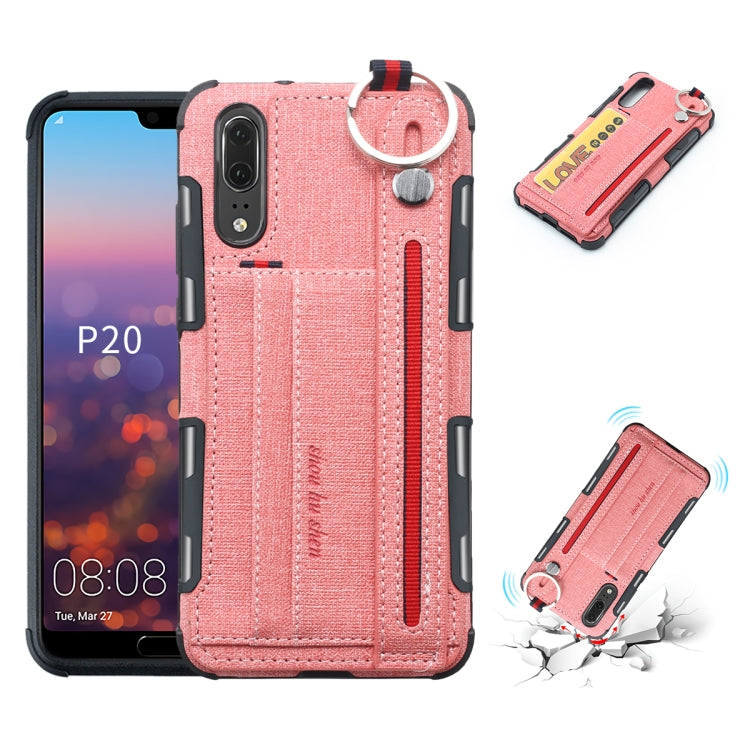 For Huawei P20 Cloth Texture + TPU Shockproof Protective Case with Metal Ring & Holder & Card Slots & Hanging Strap