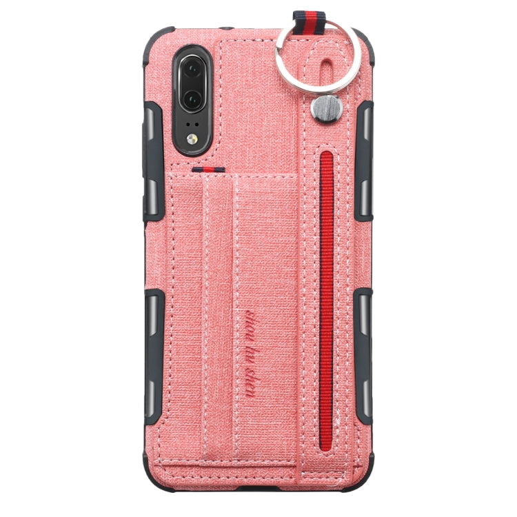 For Huawei P20 Cloth Texture + TPU Shockproof Protective Case with Metal Ring & Holder & Card Slots & Hanging Strap